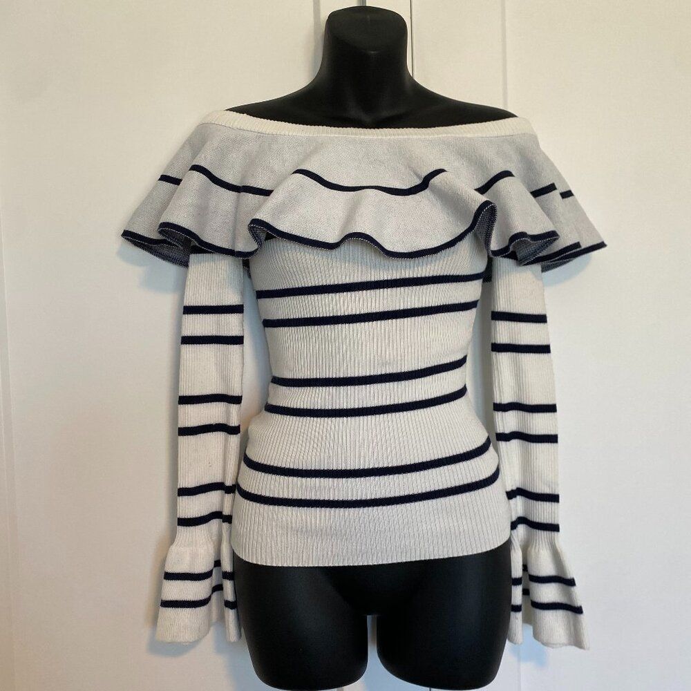 White and Blue Striped Ribbed Off The Shoulder Long Sleeve Women's Size Small